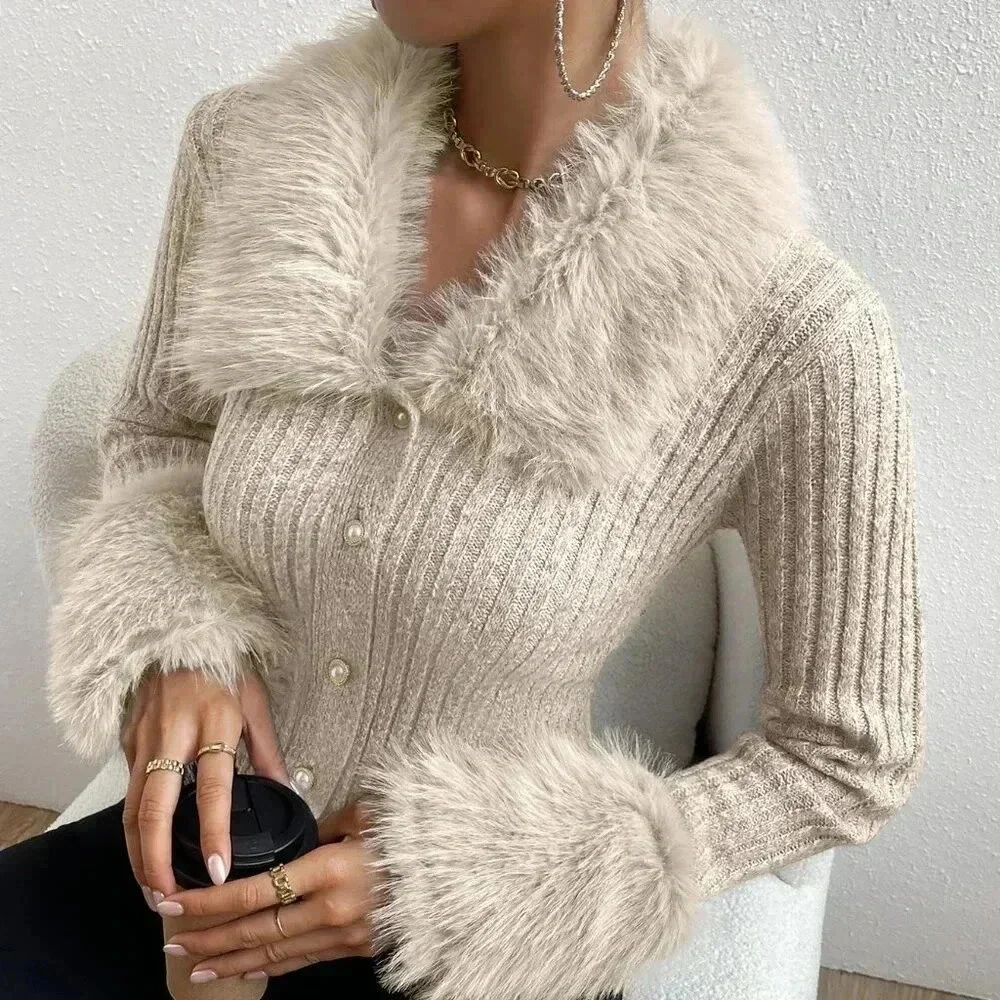 Apricot Elegant Women's Fuzzy Collar Ribbed Knit Cardigan - Picture 8 of 8